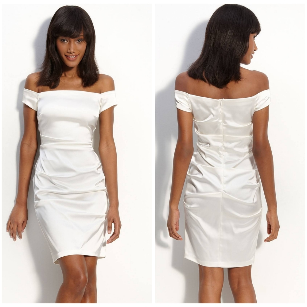 BETSY & ADAM Off Shoulder Satin Sheath Dress